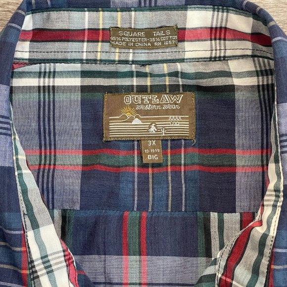 Outlaw Western Wear Navy Green White Plaid L/S Pearl Snap Button Rodeo Shirt 3XL - Picture 4 of 6